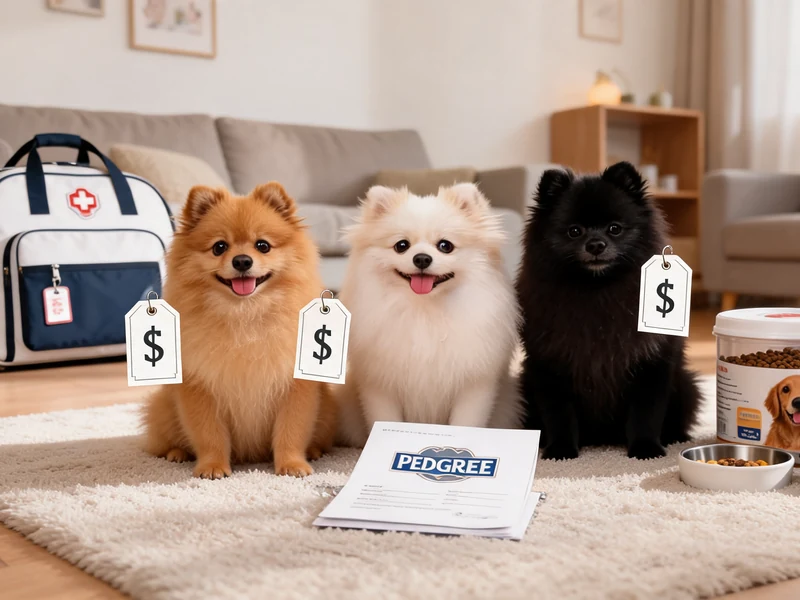 Trois Spitz nains de couleurs variées portent des étiquettes pour le prix Spitz nain dans un salon