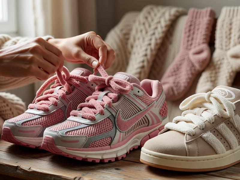 Des mains nouent le lacet fluffy d'une sneaker rose sur une table en bois