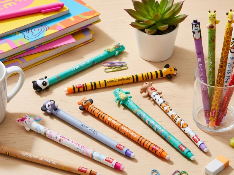 Collection de stylos Legami colorés avec des motifs d'animaux disposés sur un bureau avec des fournitures scolaires
