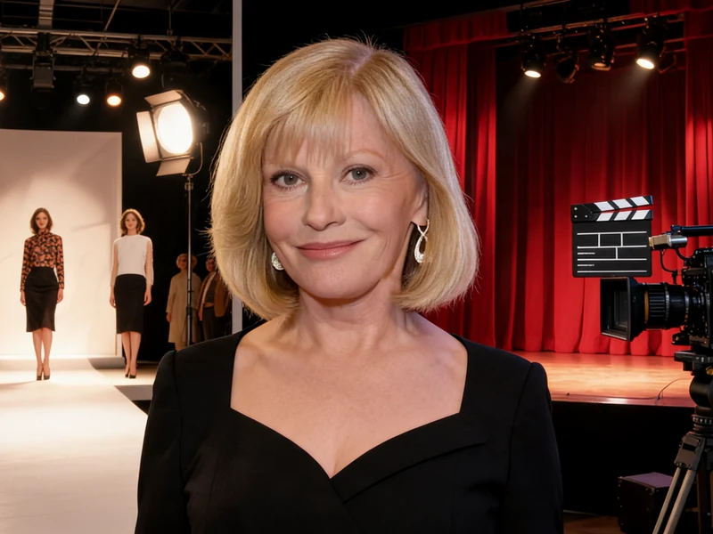 Élisa Servier se tient au premier plan entre un défilé de mode et une scène de théâtre