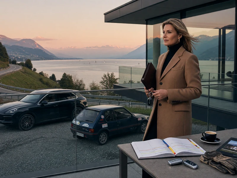 Séverine Mény se tient sur la terrasse d'une villa moderne face à un lac et des voitures sur la route sinueuse