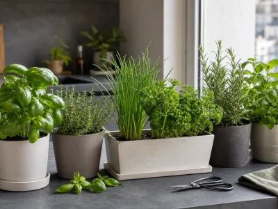 Un potager d'intérieur herbes aromatiques installé près d'une fenêtre de cuisine.