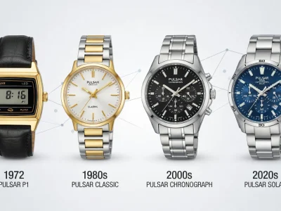 L'image présente une évolution chronologique de différents modèles de montre Pulsar à travers les décennies