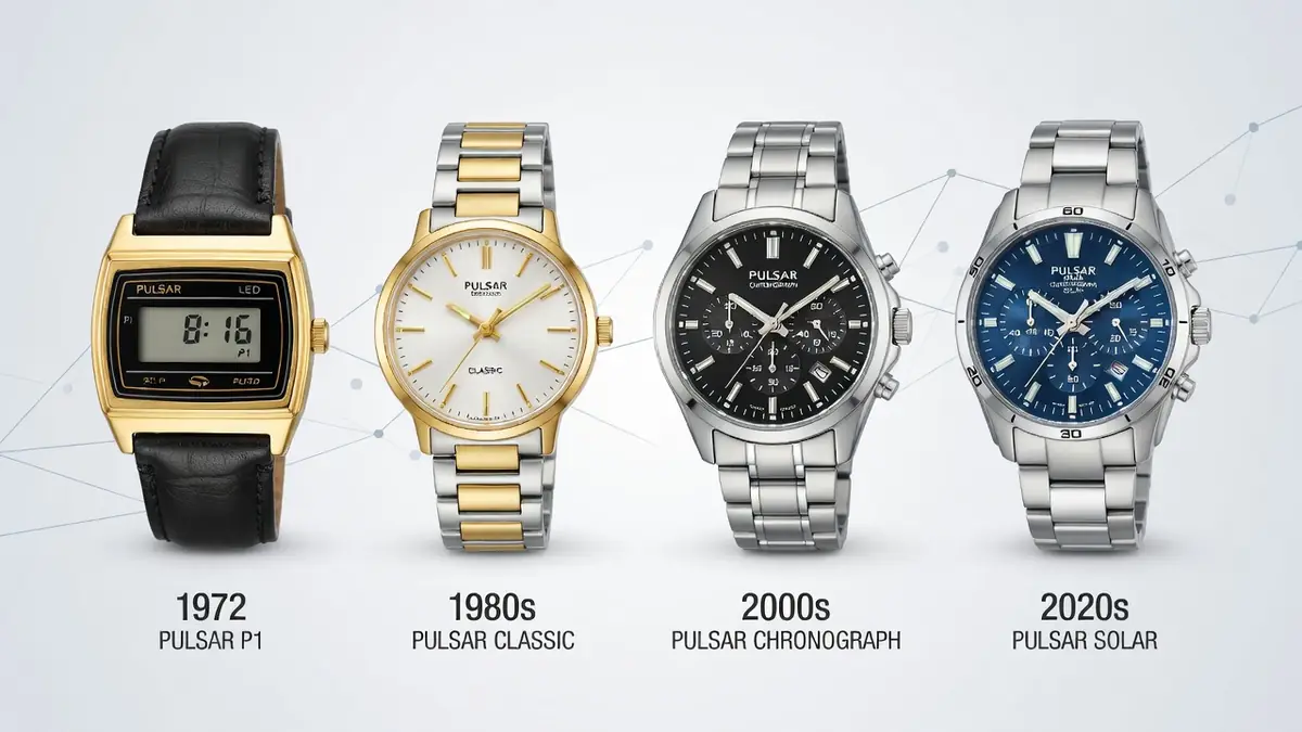 L'image présente une évolution chronologique de différents modèles de montre Pulsar à travers les décennies