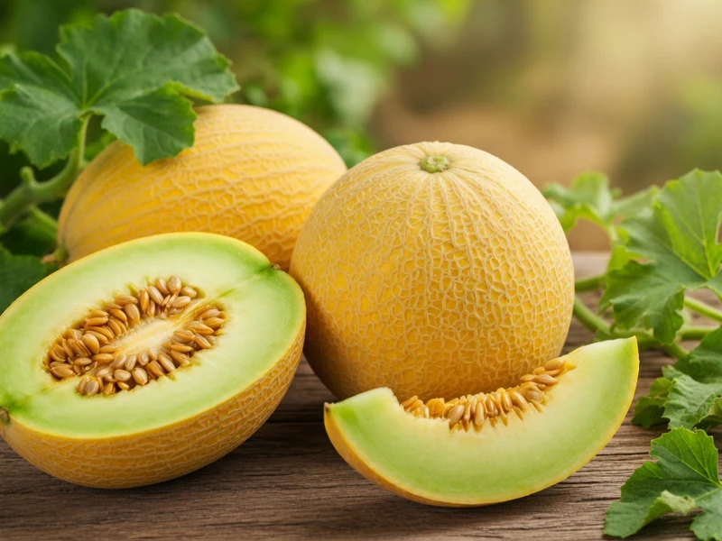 Des melons entiers et un melon Galia coupé en deux sur une table en bois avec des feuilles