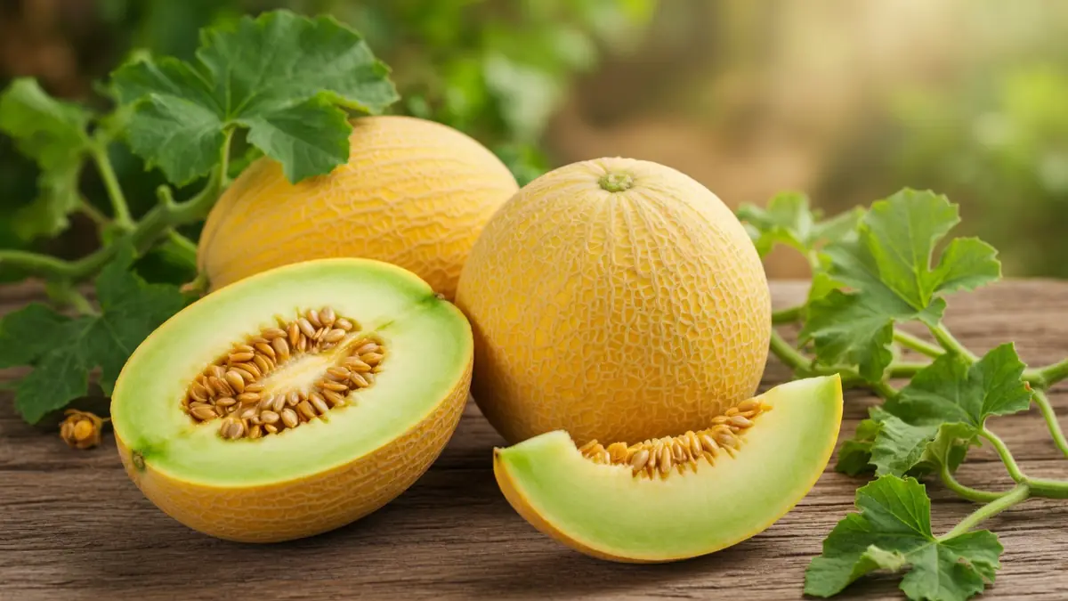 Des melons entiers et un melon Galia coupé en deux sur une table en bois avec des feuilles