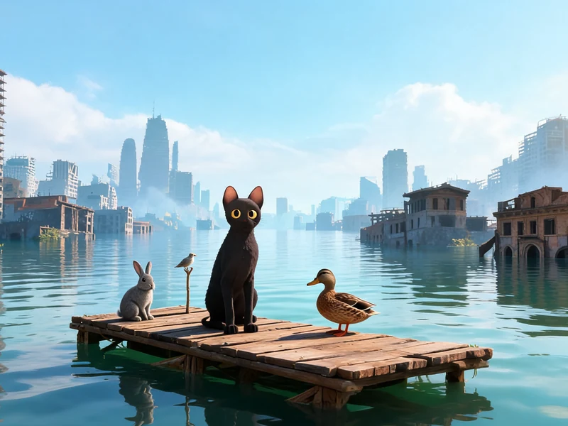 flow, Le Chat qui n’avait plus peur de l’eau sur une plateforme avec des animaux dans une ville inondée