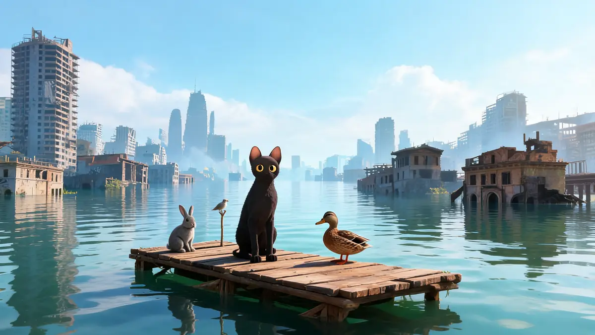 flow, Le Chat qui n’avait plus peur de l’eau sur une plateforme avec des animaux dans une ville inondée