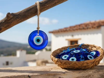 Un oeil grec suspendu à une branche près d'un panier rempli d'autres amulettes bleues devant une maison blanche