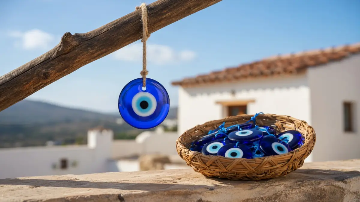 Un oeil grec suspendu à une branche près d'un panier rempli d'autres amulettes bleues devant une maison blanche