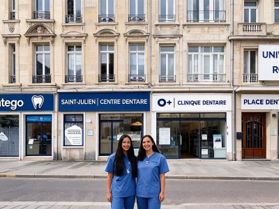Deux femmes souriantes en tenues bleues posent devant des cabinets dentaire Rouen