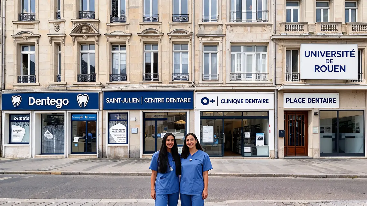 Deux femmes souriantes en tenues bleues posent devant des cabinets dentaire Rouen