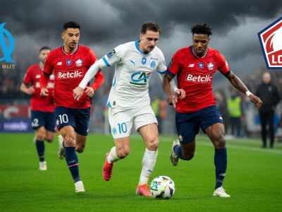 Un joueur en blanc dispute le ballon face à deux adversaires lors d'un match entre l'Olympique de Marseille LOSC