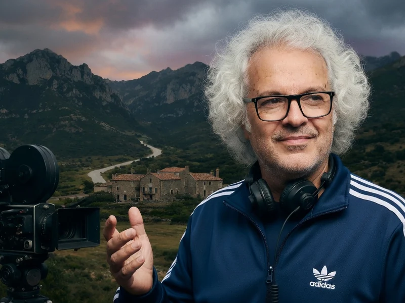 Pierre Leccia se tient à côté d'une caméra dans un paysage montagneux
