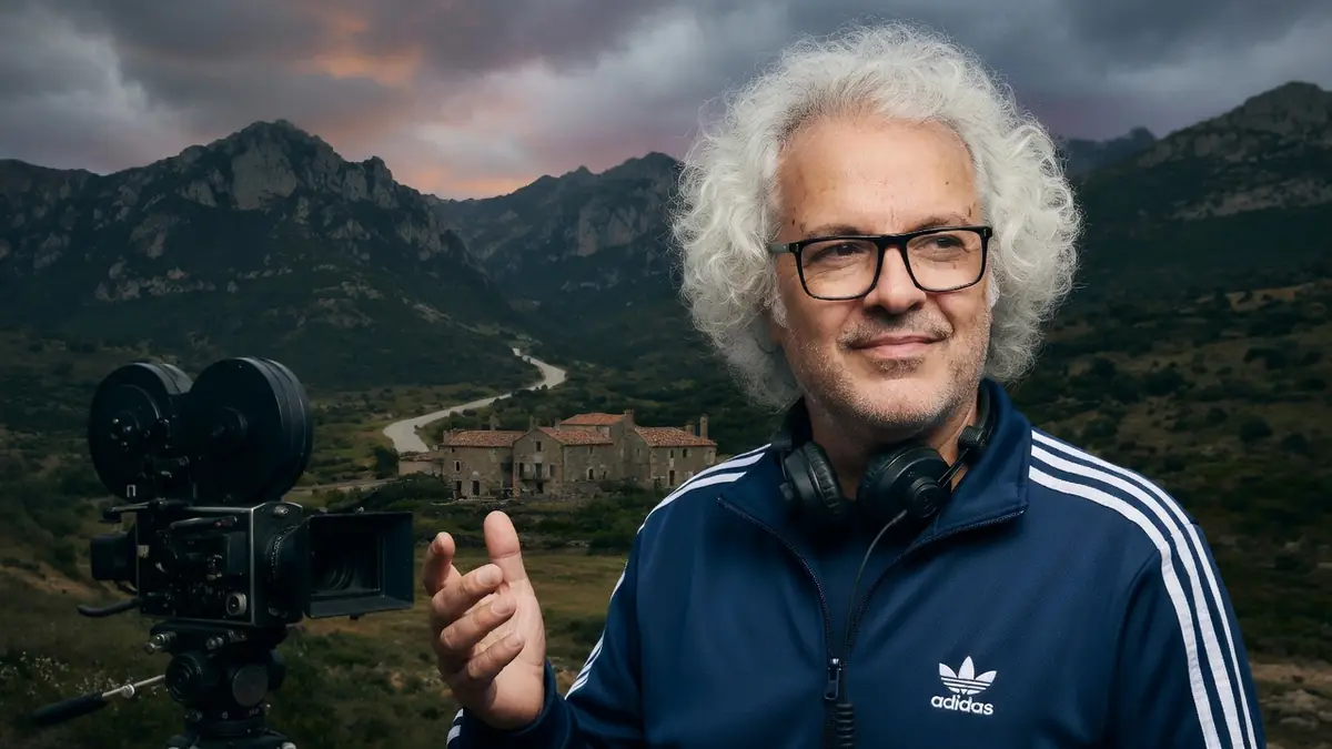 Pierre Leccia se tient à côté d'une caméra dans un paysage montagneux