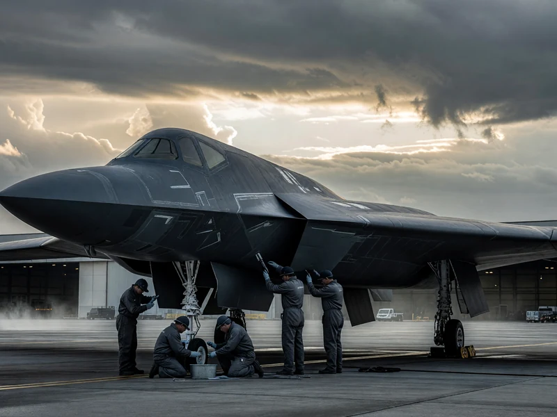 Des techniciens inspectent le Bombard B2 sur le tarmac au crépuscule
