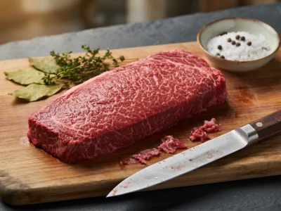 Un onglet de boeuf cru sur une planche en bois avec des herbes et un couteau