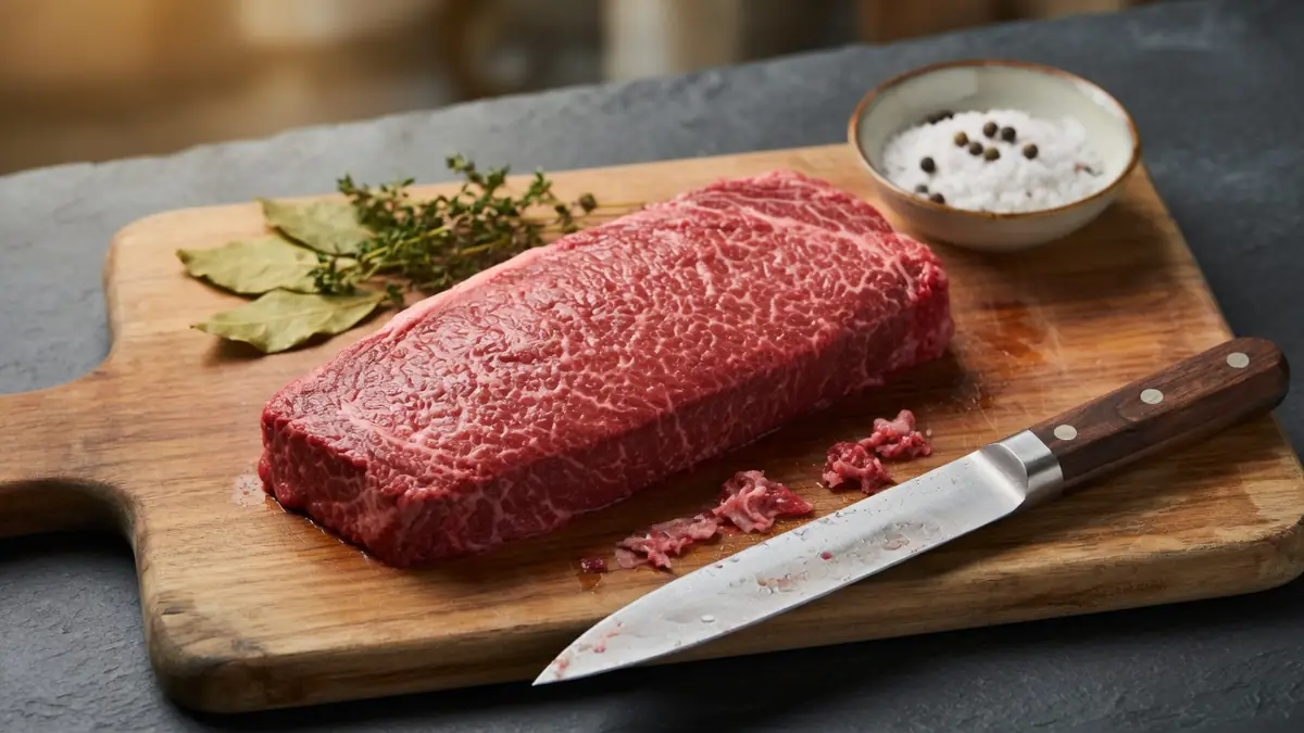 Un onglet de boeuf cru sur une planche en bois avec des herbes et un couteau