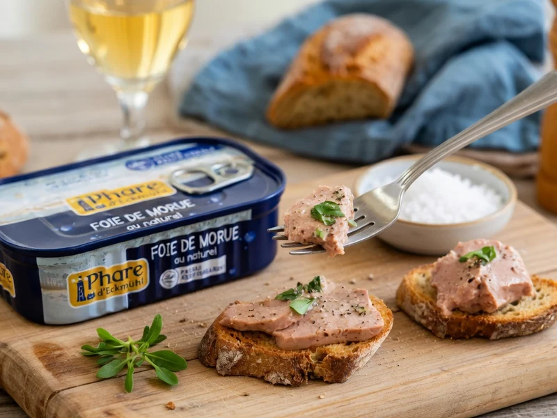 Une boîte de foie de morue avec des tartines et une fourchette sur une planche en bois