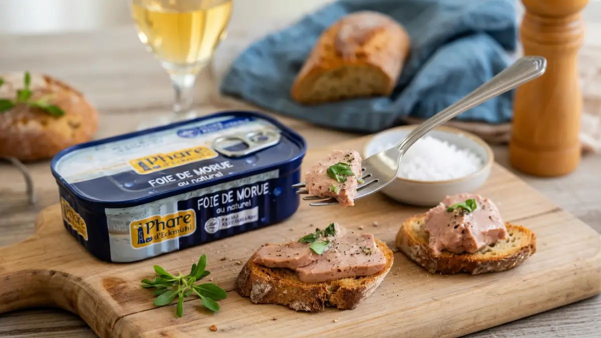 Une boîte de foie de morue avec des tartines et une fourchette sur une planche en bois
