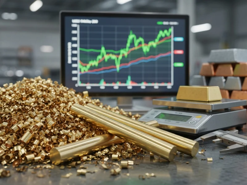 Tas de copeaux de laiton, barres et lingots près d'une balance pour le prix kilo laiton