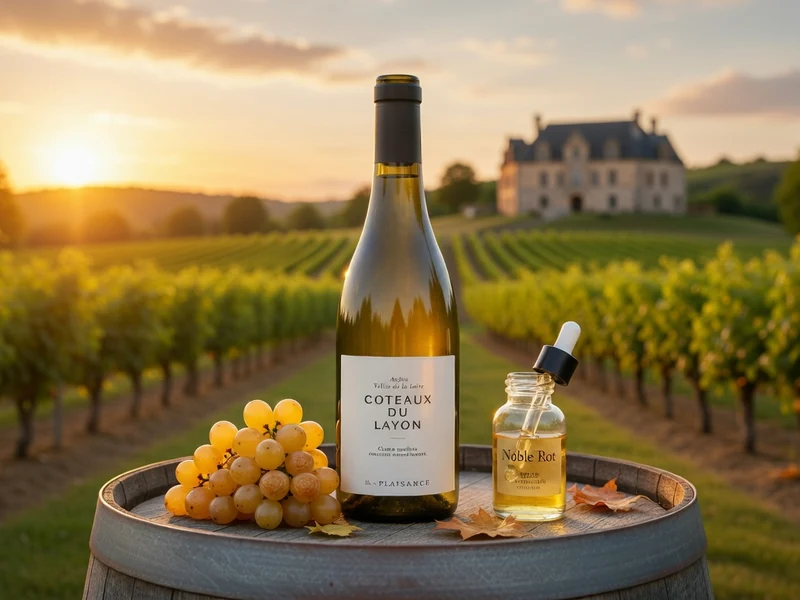 Bouteille de vin et raisins posés sur un tonneau au cœur du vignoble du coteau du Layon au coucher du soleil