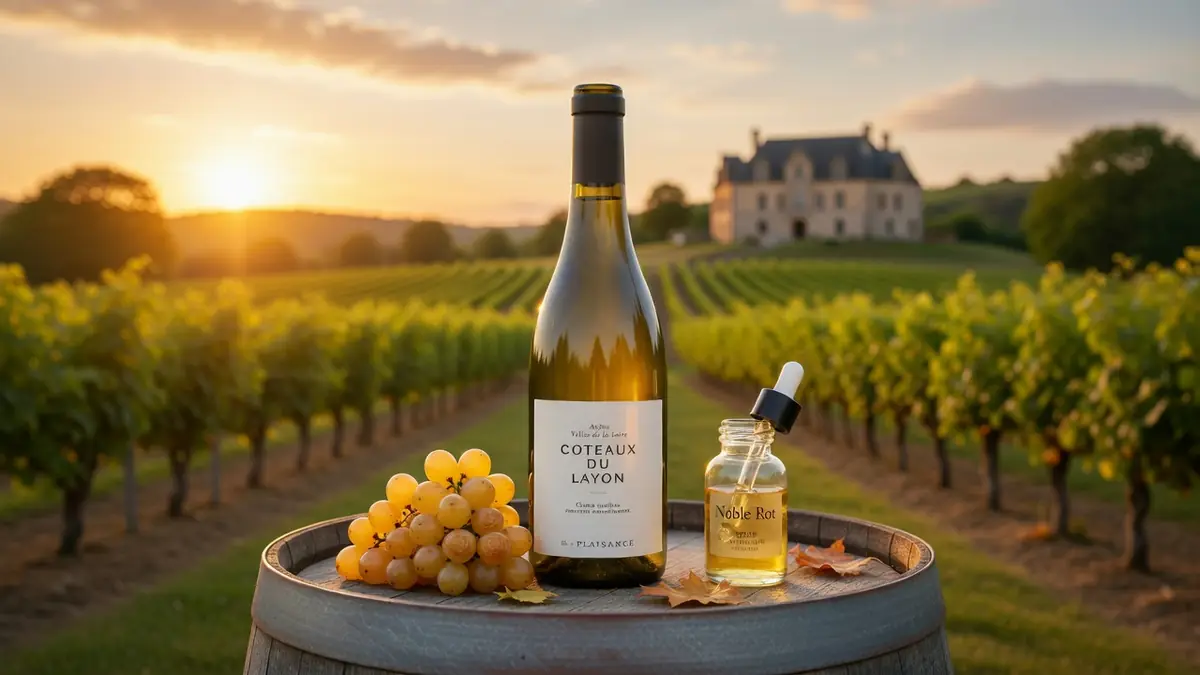 Bouteille de vin et raisins posés sur un tonneau au cœur du vignoble du coteau du Layon au coucher du soleil