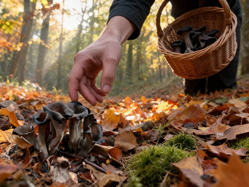 Une main cueille la Trompette de la mort dans une forêt d'automne près d'un panier rempli