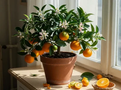 Un citrus mitis en pot sur un rebord de fenêtre avec des oranges et des fleurs blanches