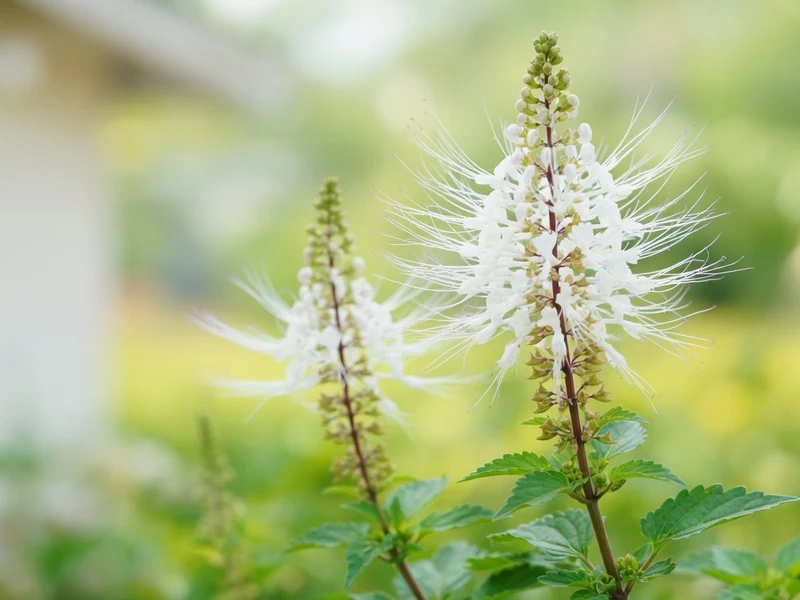 Fleurs blanches caractéristiques de la plante orthosiphon dans un jardin verdoyant