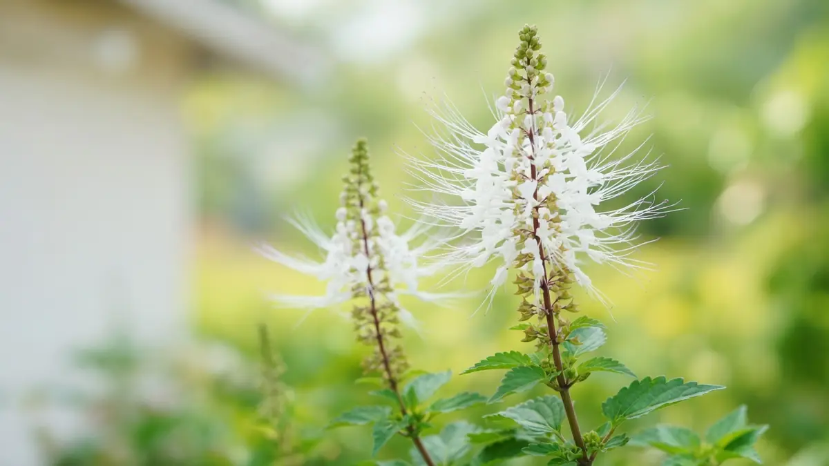 Fleurs blanches caractéristiques de la plante orthosiphon dans un jardin verdoyant