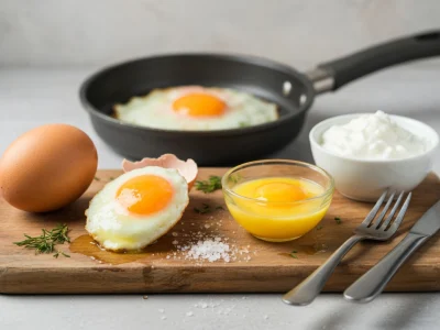Une planche en bois expose oeuf calorie avec un œuf entier, un œuf au plat et des ustensiles