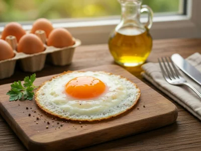 Un oeuf protéine frit sur une planche en bois avec des œufs et de l'huile à côté