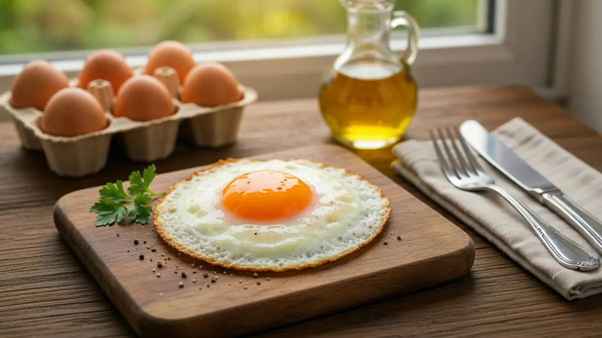 Un oeuf protéine frit sur une planche en bois avec des œufs et de l'huile à côté
