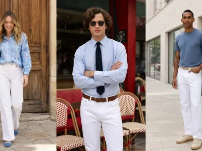 Jean Blanc illustre la mode du pantalon blanc à travers trois portraits