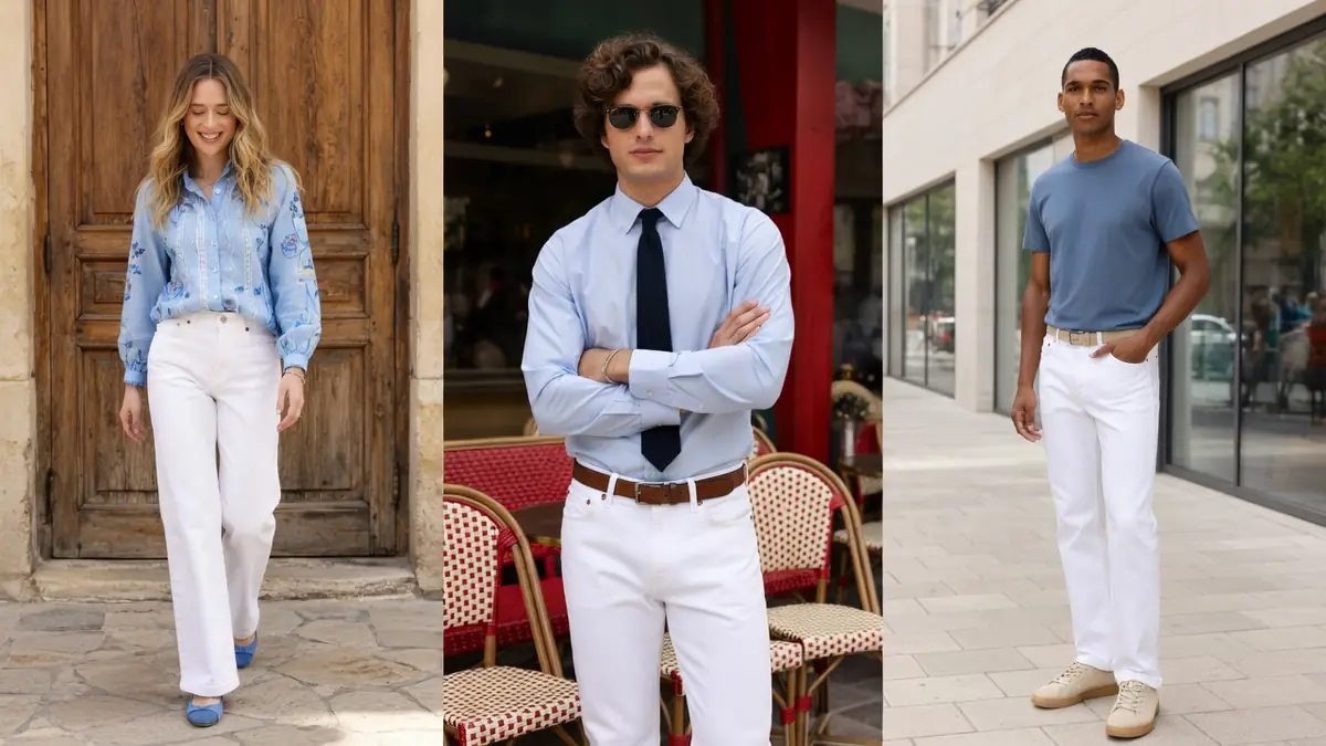 Jean Blanc illustre la mode du pantalon blanc à travers trois portraits