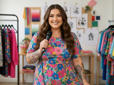 Bella Blue sourit en tenant un micro dans un studio de mode aux vêtements colorés