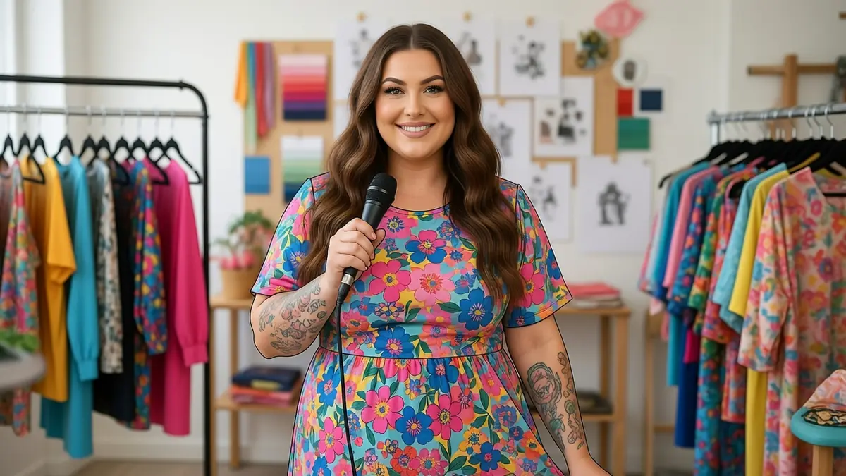 Bella Blue sourit en tenant un micro dans un studio de mode aux vêtements colorés
