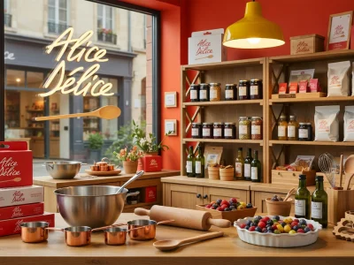 La table en bois d'Alices Délices est entourée d'ustensiles de pâtisserie et d'étagères de produits faits maison