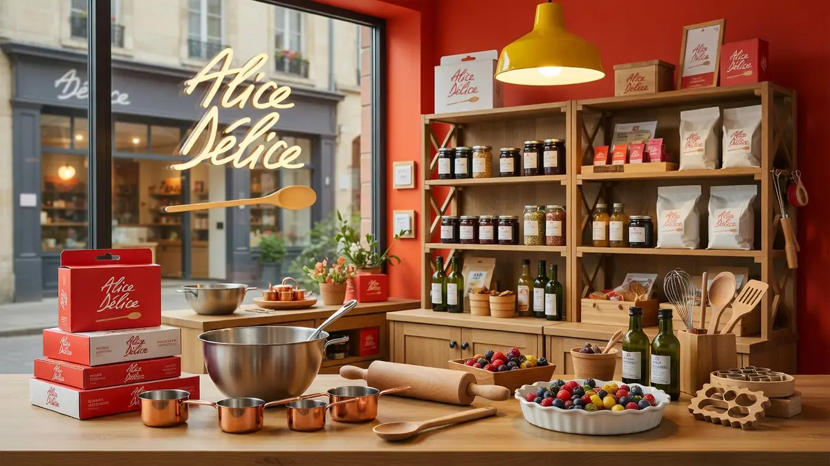 La table en bois d'Alices Délices est entourée d'ustensiles de pâtisserie et d'étagères de produits faits maison