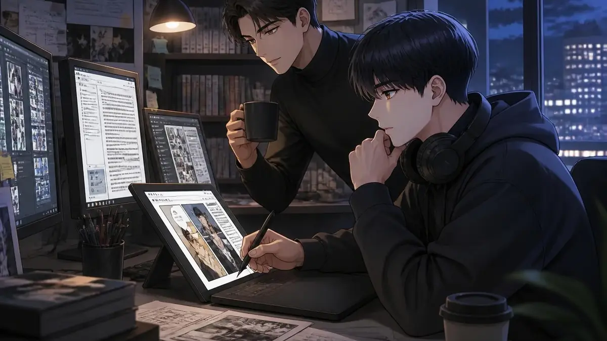 Deux dessinateurs travaillent sur des mangas numériques grâce à l'interface intuitive d'epsilon Scan Soft