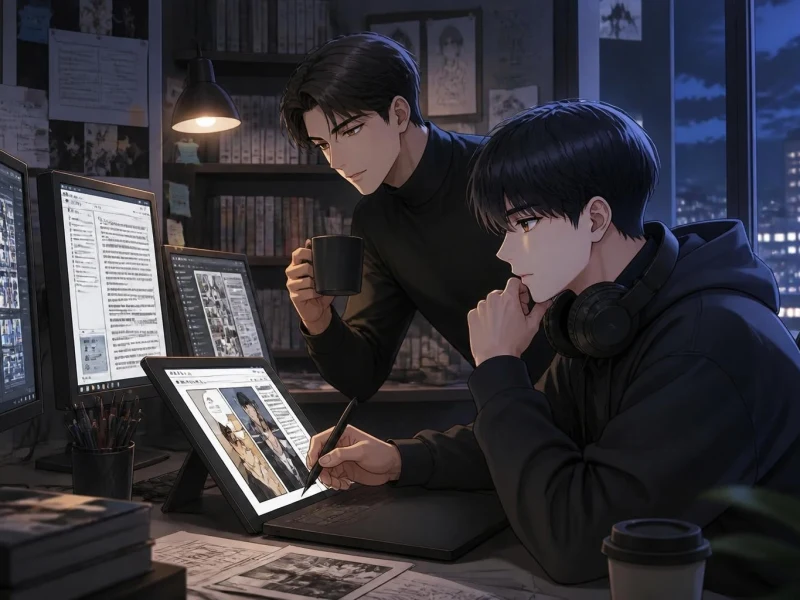 Deux dessinateurs travaillent sur des mangas numériques grâce à l'interface intuitive d'epsilon Scan Soft