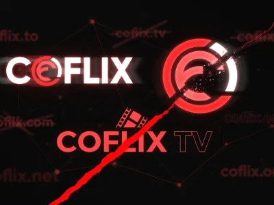 Coflix est illustré au milieu d'un réseau de connexions numériques sur un fond noir traversé par une ligne rouge