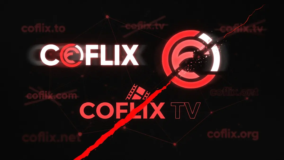 Coflix est illustré au milieu d'un réseau de connexions numériques sur un fond noir traversé par une ligne rouge