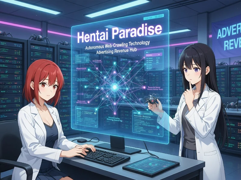 Deux femmes en blouse blanche travaillent sur Hentai Paradise dans une salle de serveurs high-tech