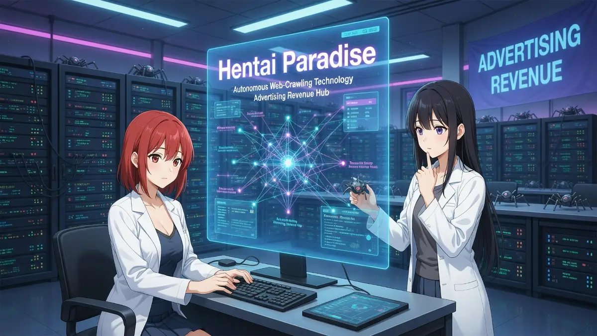 Deux femmes en blouse blanche travaillent sur Hentai Paradise dans une salle de serveurs high-tech