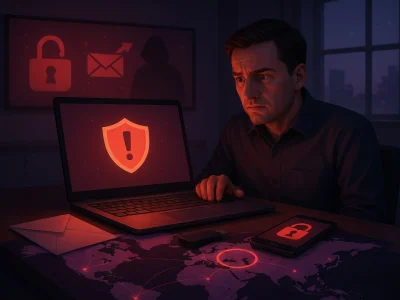 Un homme explore leakimedia sur son ordinateur portable dans une ambiance sombre et sécurisée