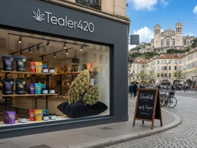La vitrine du magasin Tealer420 est remplie de produits sur une place européenne