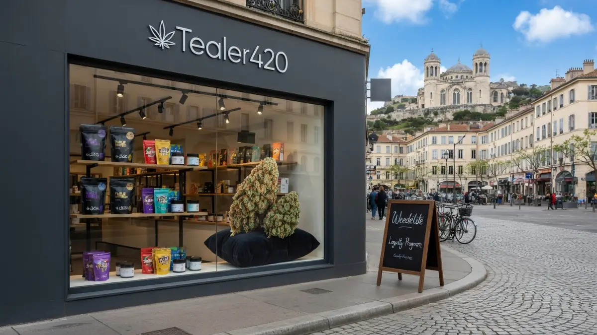 La vitrine du magasin Tealer420 est remplie de produits sur une place européenne