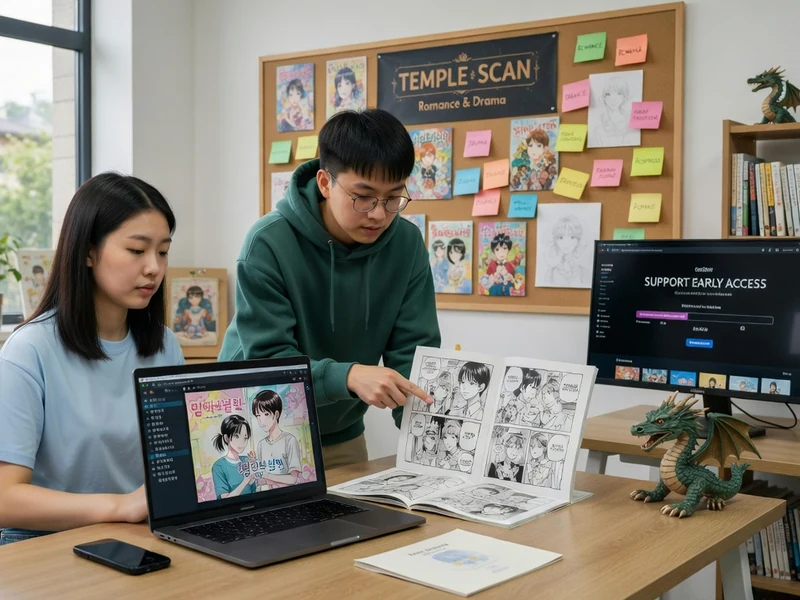 Deux jeunes personnes travaillent ensemble sur la traduction de mangas au sein de l'équipe temple Scan